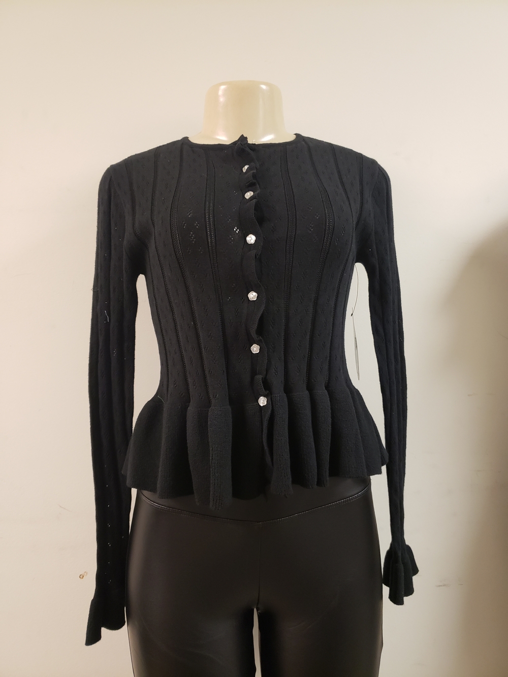 Black Peplum Knit Cardigan with Ruffle Trim
